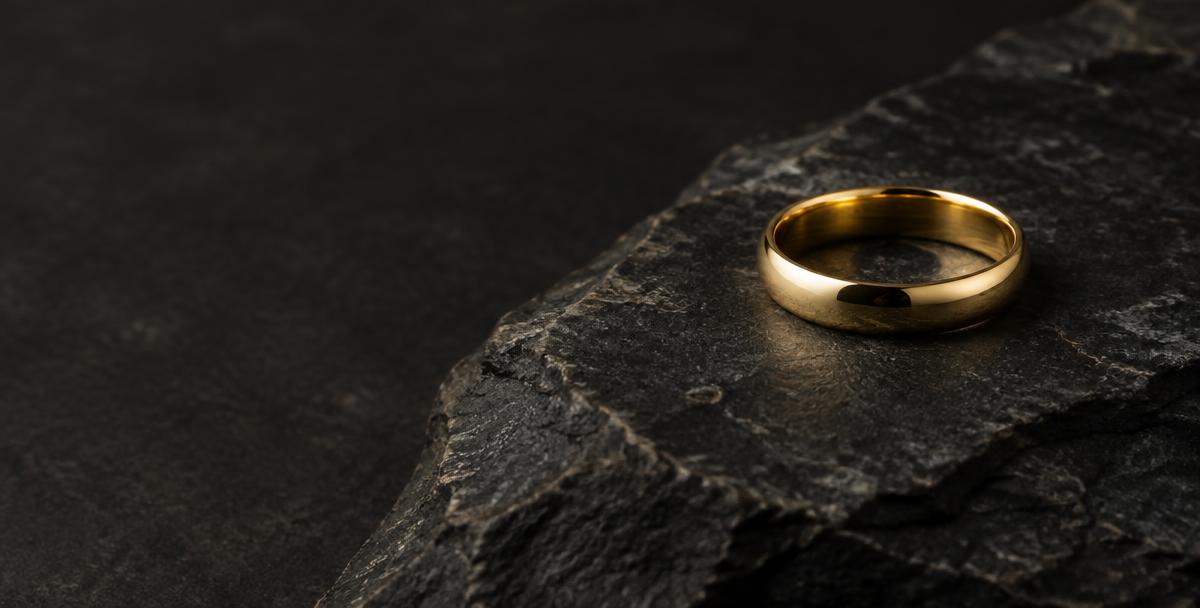 Polished gold wedding band on dark stone